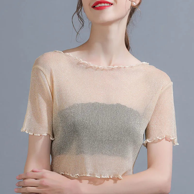 2026 New Shiner Sheer Crop Tops Women Summer Sexy Transparent Y2K Short Sleeve T Shirt Korean Fashion O-neck With Fungus Tshirts