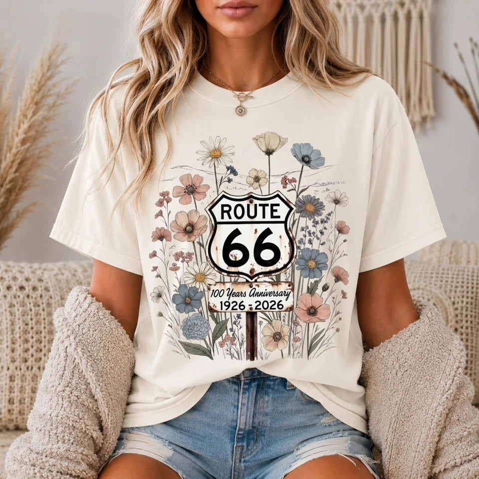 Summer Women's Route 66 Floral Shield 100 Years TShirt Cotton Sweat-wicking and Breathable Tee Streetwear Oversized Loose Casual