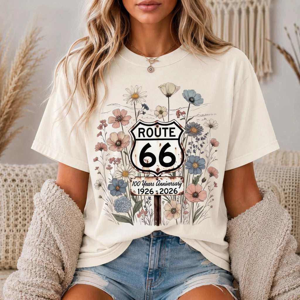 Summer Women's Route 66 Floral Shield 100 Years TShirt Cotton Sweat-wicking and Breathable Tee Streetwear Oversized Loose Casual