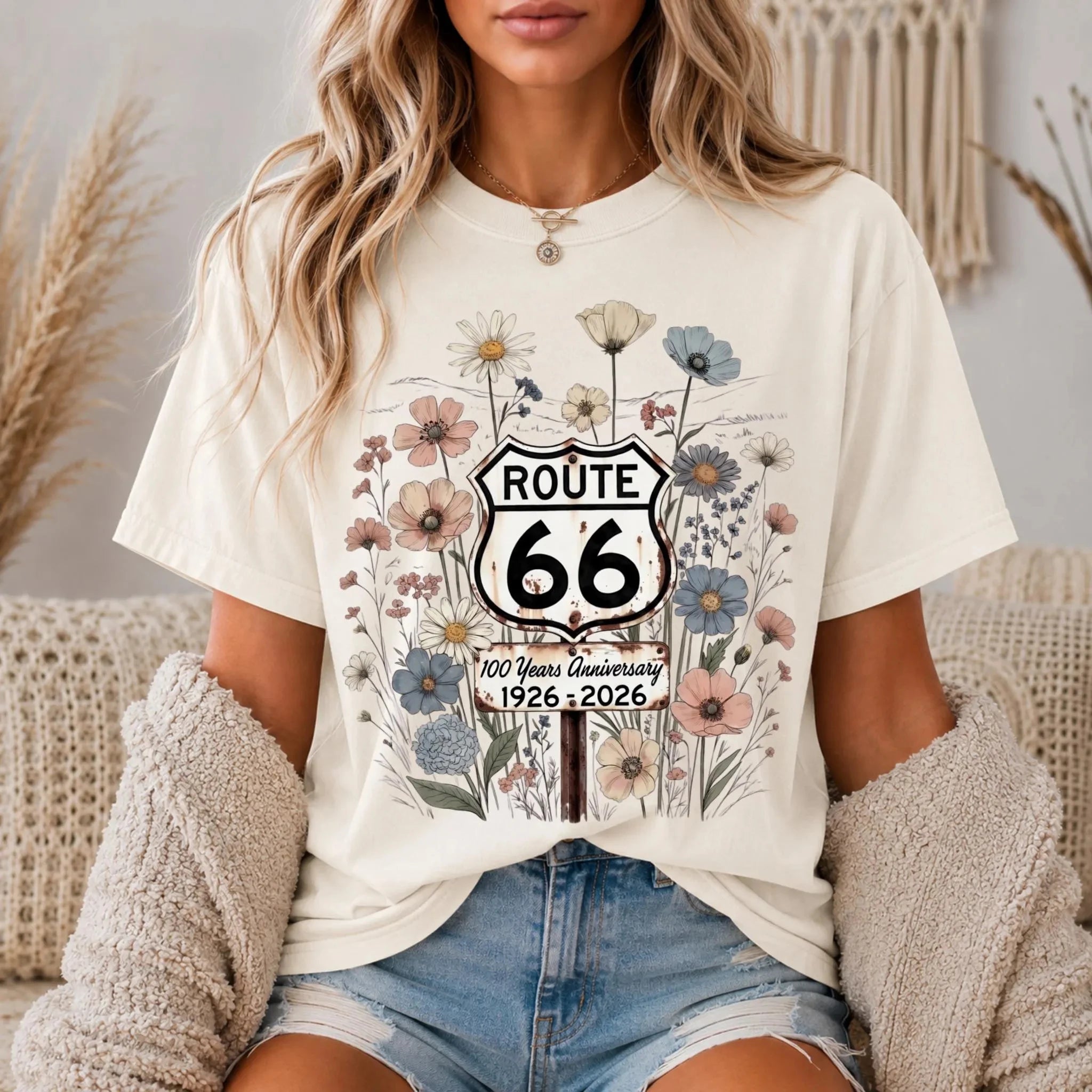 Summer Women's Route 66 Floral Shield 100 Years TShirt Cotton Sweat-wicking and Breathable Tee Streetwear Oversized Loose Casual