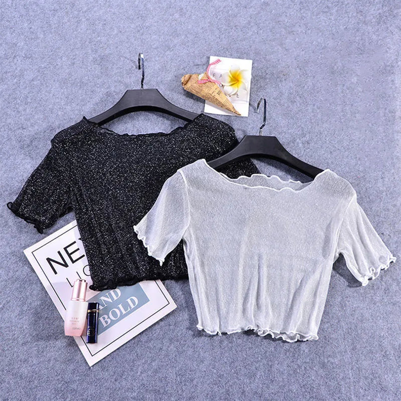 2026 New Shiner Sheer Crop Tops Women Summer Sexy Transparent Y2K Short Sleeve T Shirt Korean Fashion O-neck With Fungus Tshirts