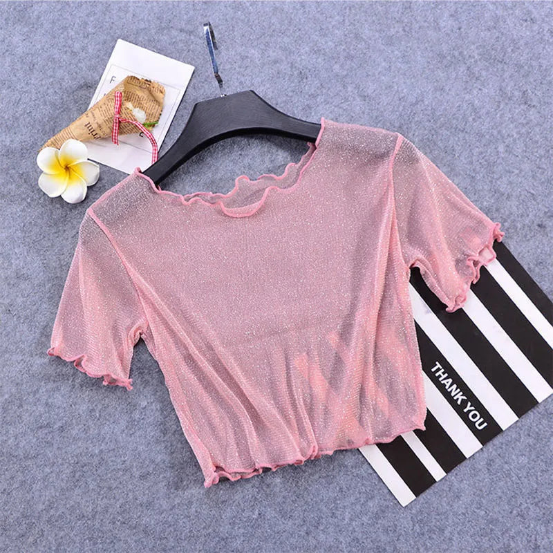 2026 New Shiner Sheer Crop Tops Women Summer Sexy Transparent Y2K Short Sleeve T Shirt Korean Fashion O-neck With Fungus Tshirts