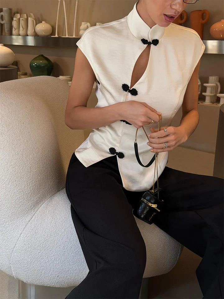 Style For Female Color Block Office Casual Daily Fashion Tops Tees Summer T-Shirt Hollow Out Sleeveless Half High Collar 2026