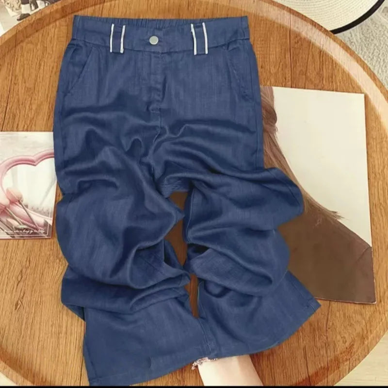 Women's Summer Style Linen Casual Straight-Leg Pants Elastic High-Waist Drapey Lightweight Loose-Fitting S Size