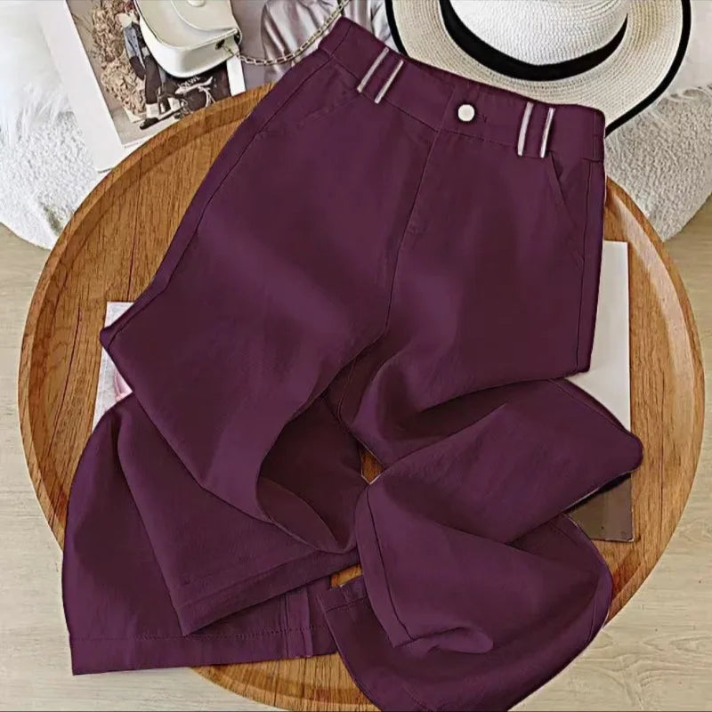 Women's Summer Style Linen Casual Straight-Leg Pants Elastic High-Waist Drapey Lightweight Loose-Fitting S Size