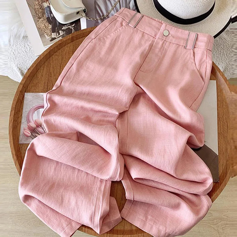 Women's Summer Style Linen Casual Straight-Leg Pants Elastic High-Waist Drapey Lightweight Loose-Fitting S Size