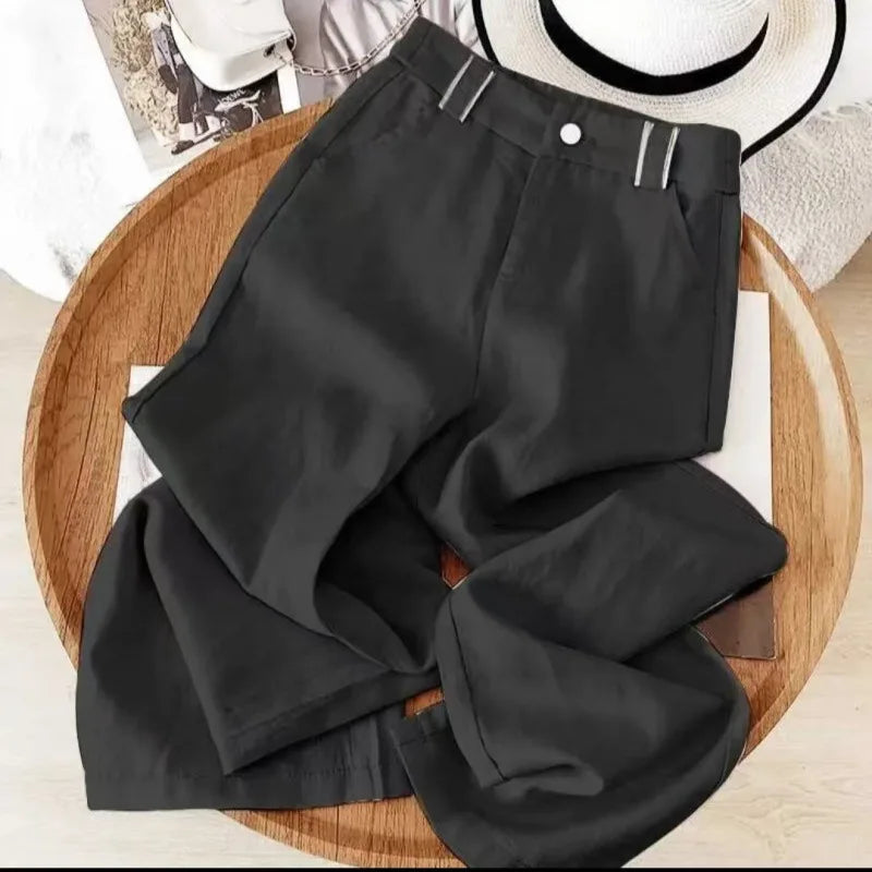 Women's Summer Style Linen Casual Straight-Leg Pants Elastic High-Waist Drapey Lightweight Loose-Fitting S Size