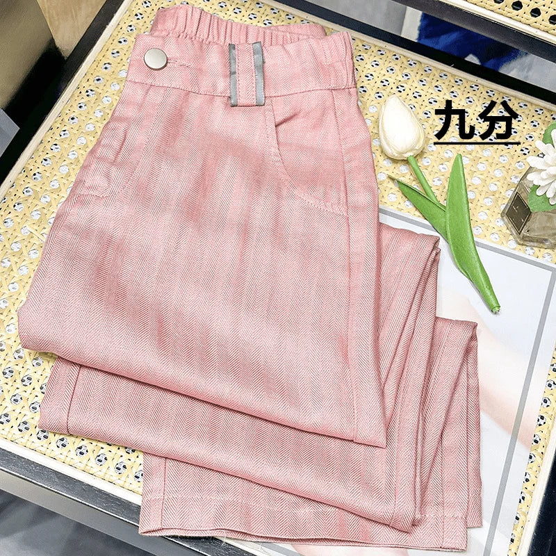 Women's Summer Style Linen Casual Straight-Leg Pants Elastic High-Waist Drapey Lightweight Loose-Fitting S Size