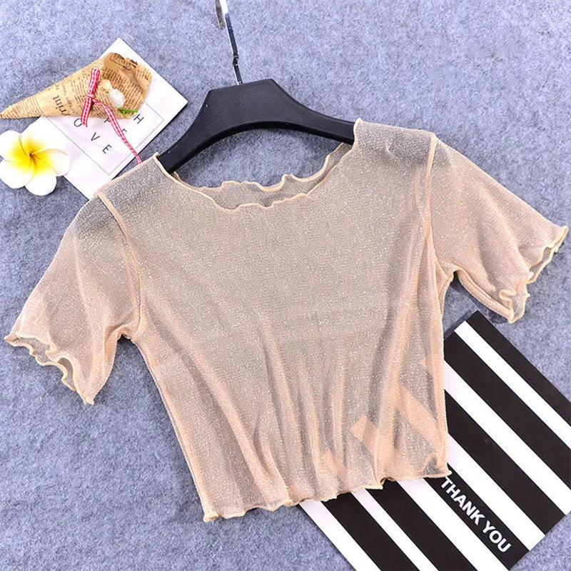 2026 New Shiner Sheer Crop Tops Women Summer Sexy Transparent Y2K Short Sleeve T Shirt Korean Fashion O-neck With Fungus Tshirts