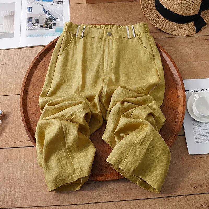 Women's Summer Style Linen Casual Straight-Leg Pants Elastic High-Waist Drapey Lightweight Loose-Fitting S Size