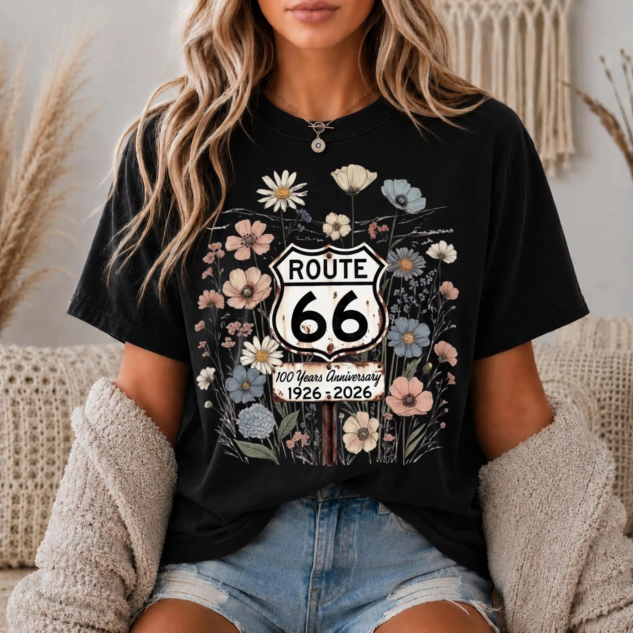 Summer Women's Route 66 Floral Shield 100 Years TShirt Cotton Sweat-wicking and Breathable Tee Streetwear Oversized Loose Casual