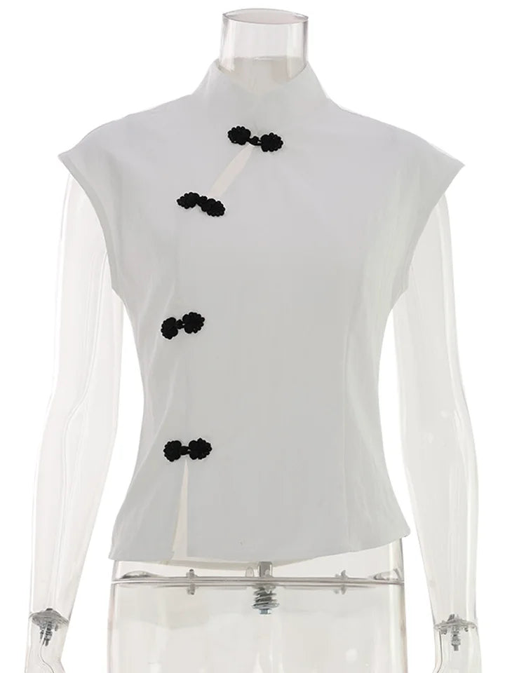 Style For Female Color Block Office Casual Daily Fashion Tops Tees Summer T-Shirt Hollow Out Sleeveless Half High Collar 2026