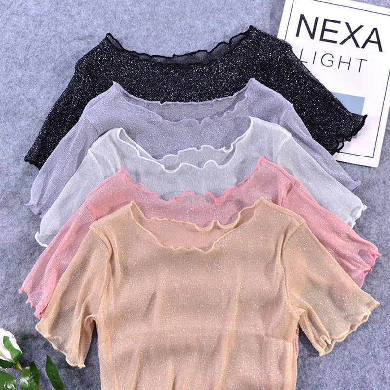 2026 New Shiner Sheer Crop Tops Women Summer Sexy Transparent Y2K Short Sleeve T Shirt Korean Fashion O-neck With Fungus Tshirts
