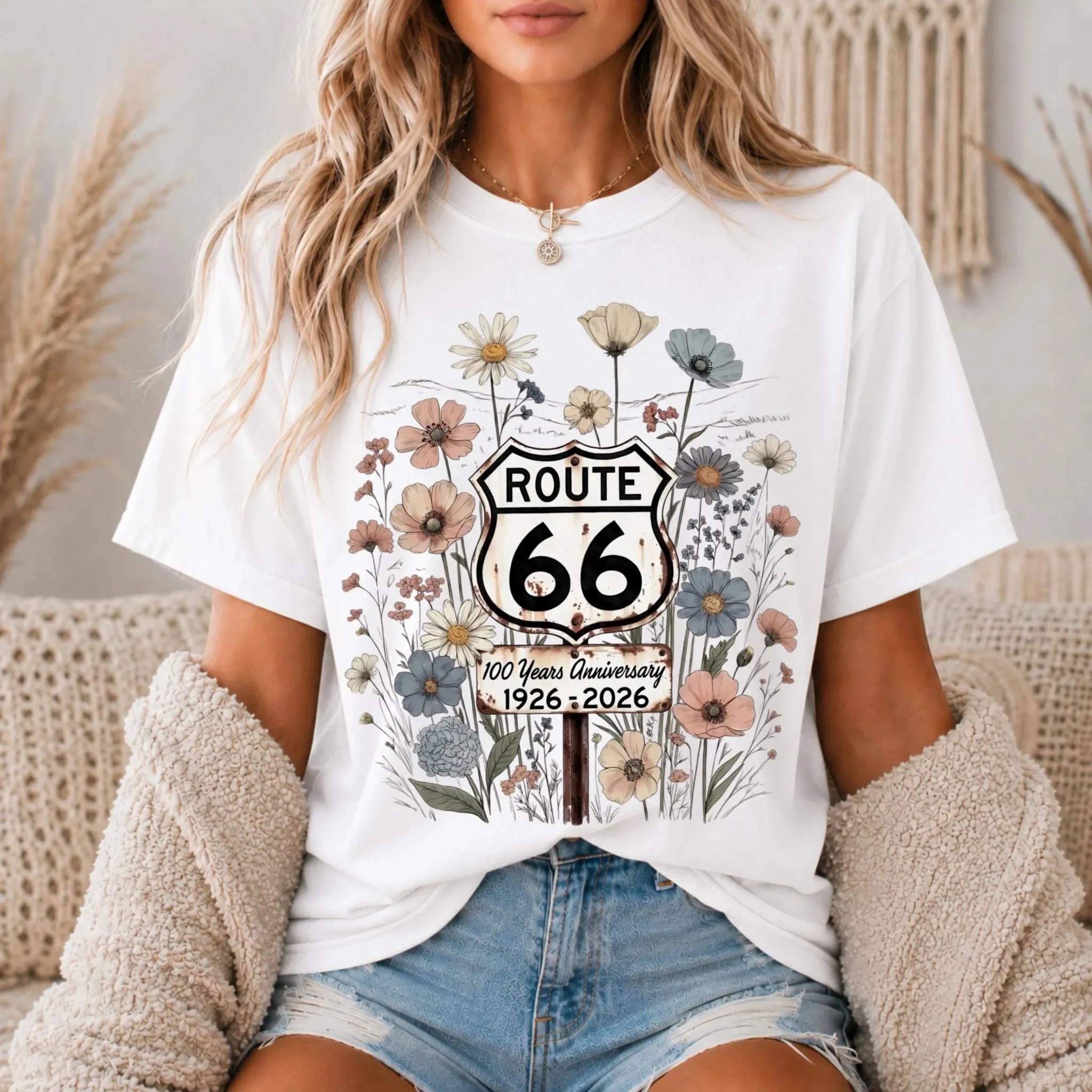 Summer Women's Route 66 Floral Shield 100 Years TShirt Cotton Sweat-wicking and Breathable Tee Streetwear Oversized Loose Casual