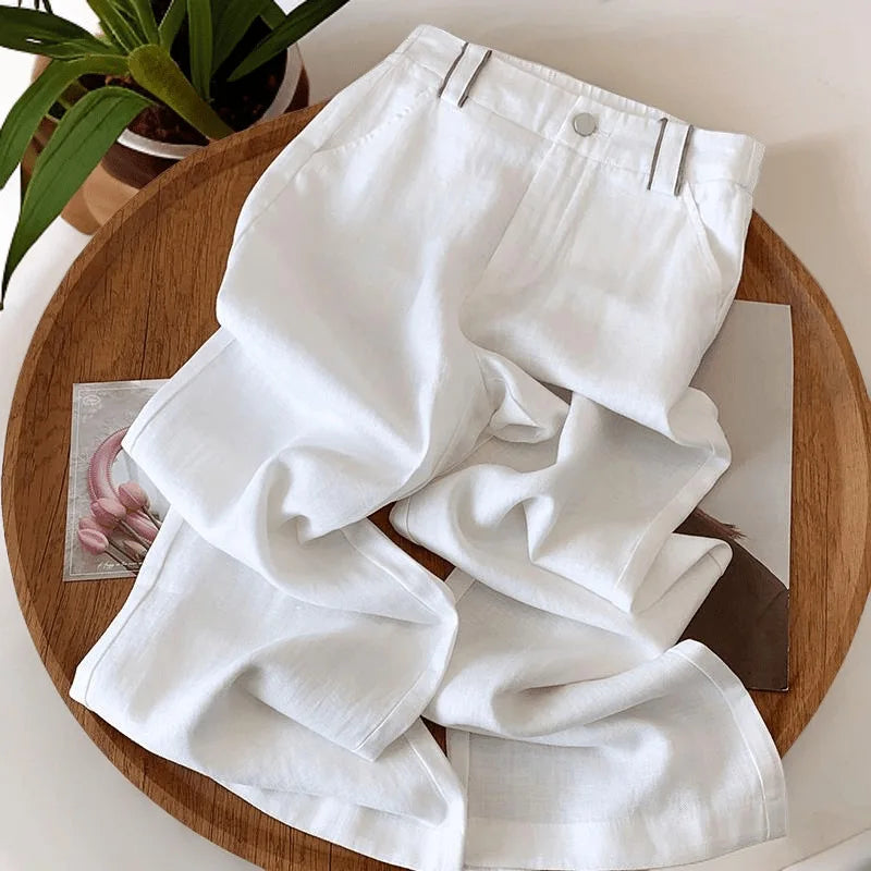 Women's Summer Style Linen Casual Straight-Leg Pants Elastic High-Waist Drapey Lightweight Loose-Fitting S Size