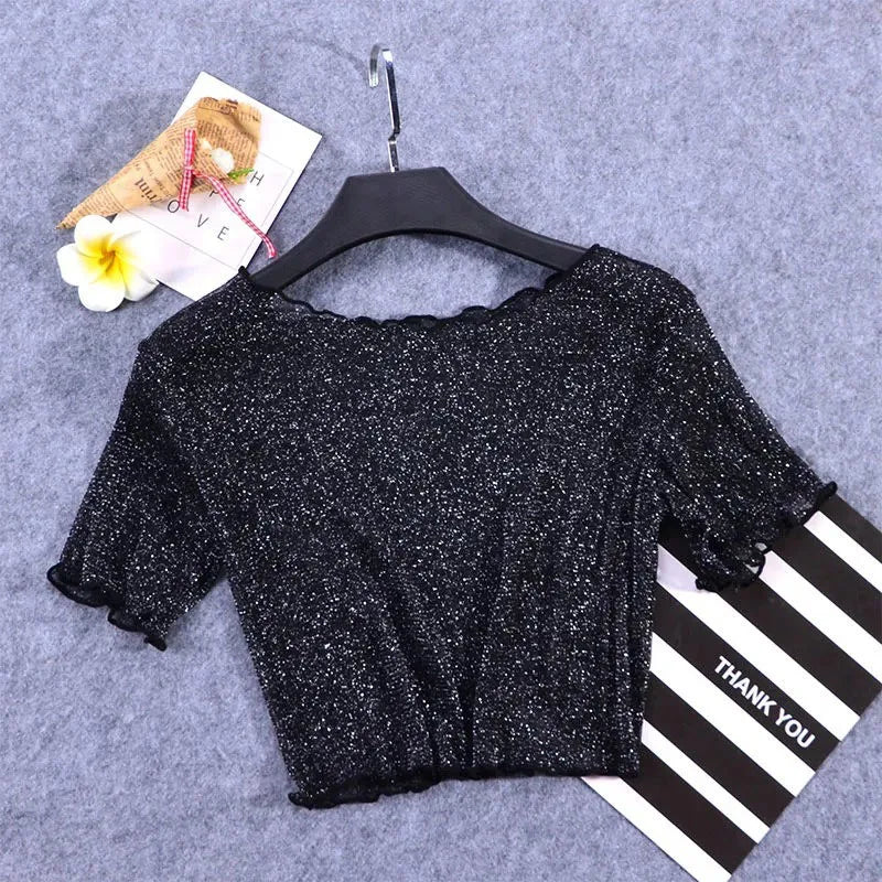 2026 New Shiner Sheer Crop Tops Women Summer Sexy Transparent Y2K Short Sleeve T Shirt Korean Fashion O-neck With Fungus Tshirts