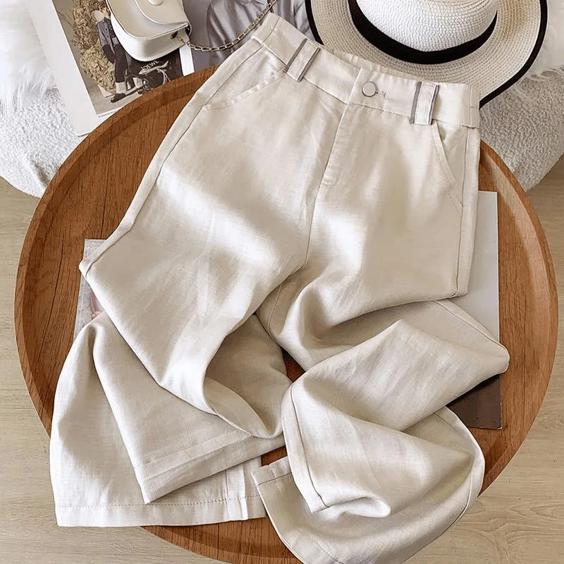Women's Summer Style Linen Casual Straight-Leg Pants Elastic High-Waist Drapey Lightweight Loose-Fitting S Size