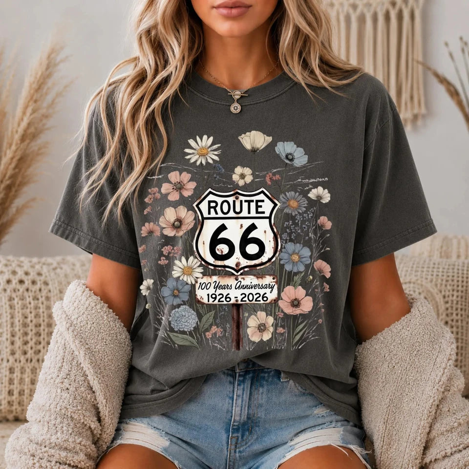Summer Women's Route 66 Floral Shield 100 Years TShirt Cotton Sweat-wicking and Breathable Tee Streetwear Oversized Loose Casual