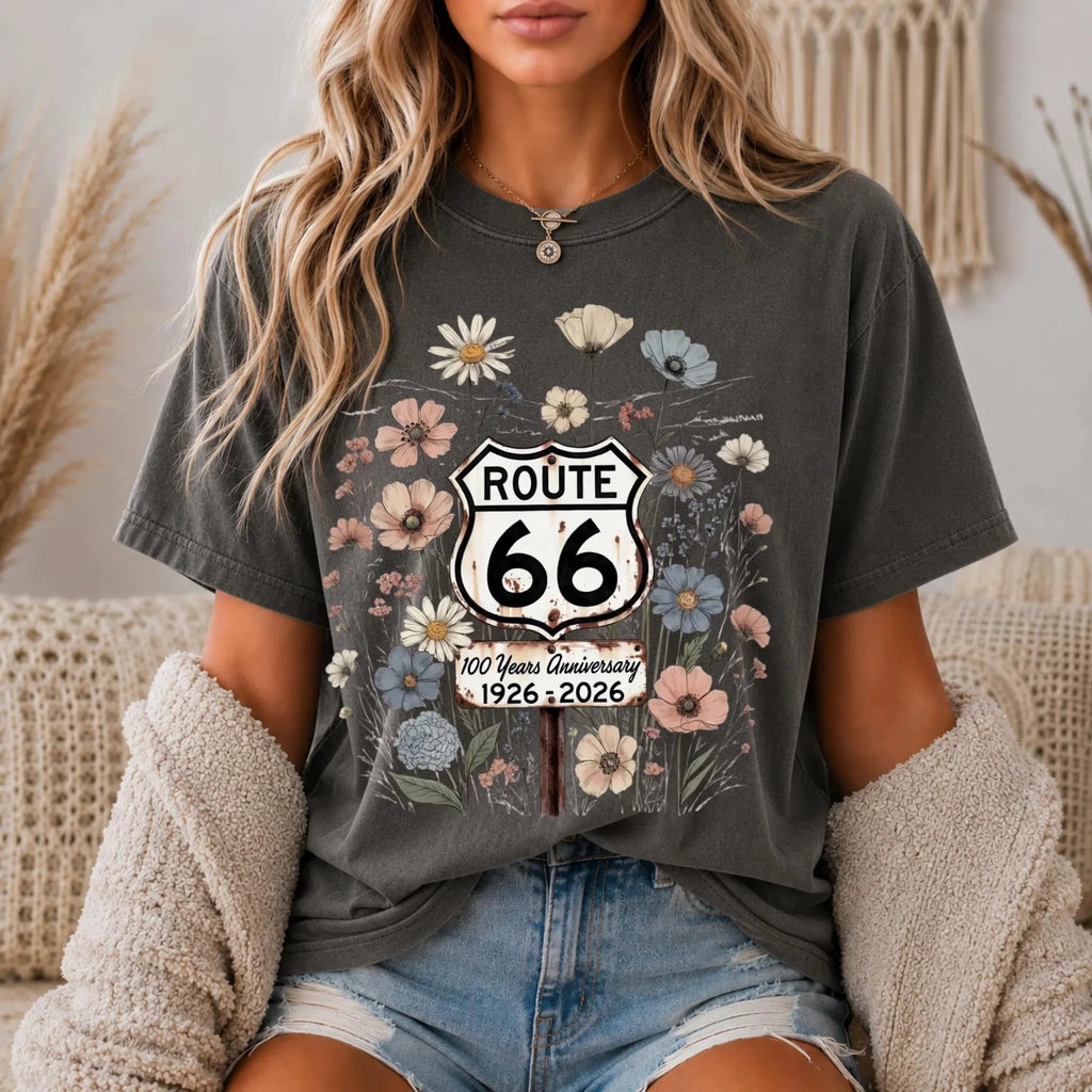 Summer Women's Route 66 Floral Shield 100 Years TShirt Cotton Sweat-wicking and Breathable Tee Streetwear Oversized Loose Casual