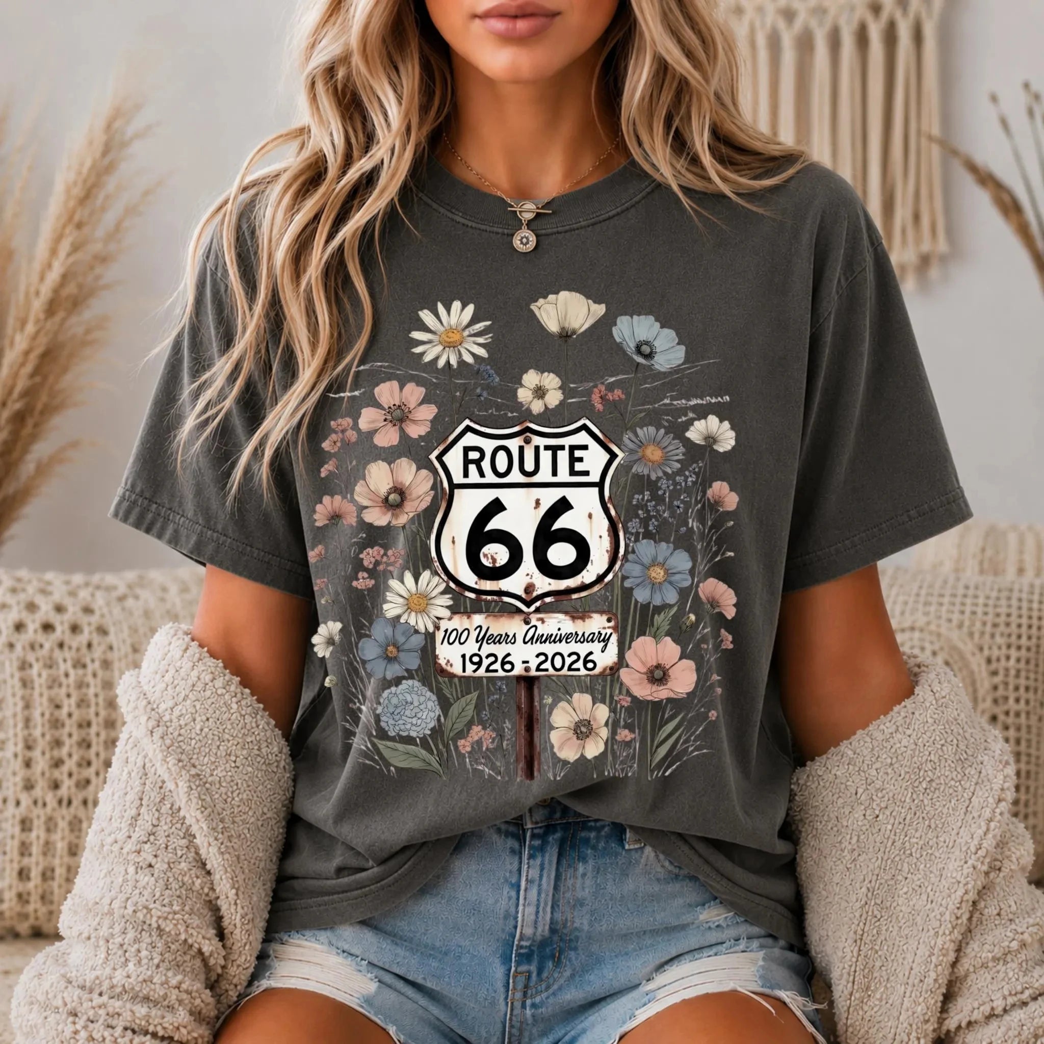 Summer Women's Route 66 Floral Shield 100 Years TShirt Cotton Sweat-wicking and Breathable Tee Streetwear Oversized Loose Casual