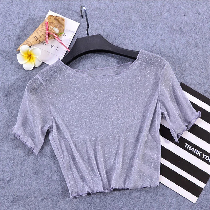 2026 New Shiner Sheer Crop Tops Women Summer Sexy Transparent Y2K Short Sleeve T Shirt Korean Fashion O-neck With Fungus Tshirts