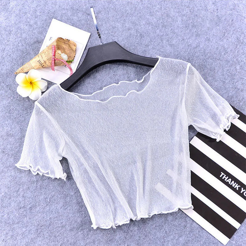 2026 New Shiner Sheer Crop Tops Women Summer Sexy Transparent Y2K Short Sleeve T Shirt Korean Fashion O-neck With Fungus Tshirts